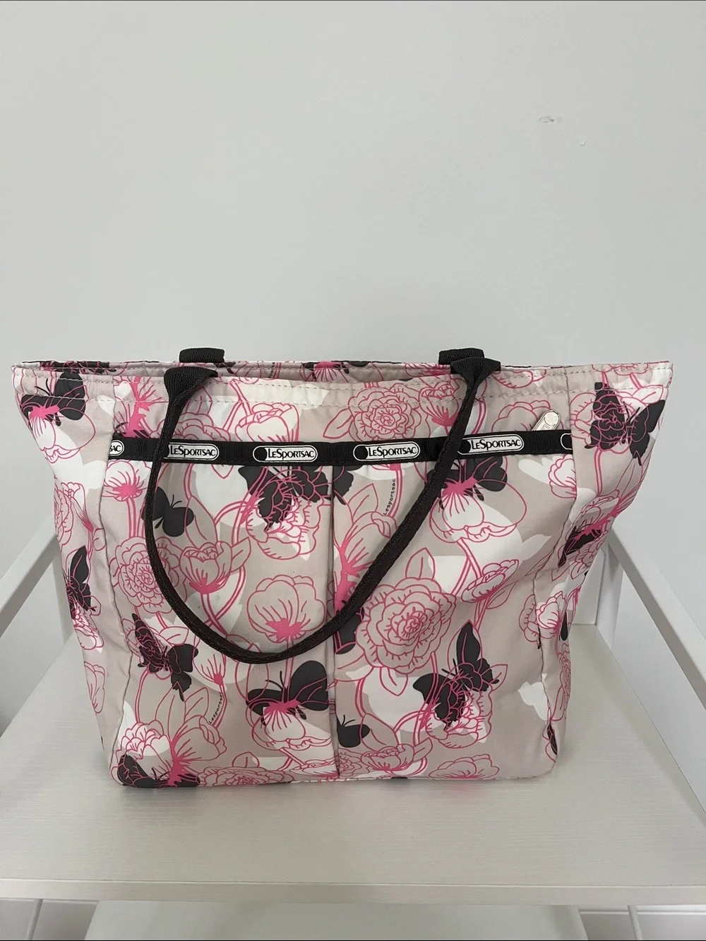 LeSportsac | Pink Tan White & Dark Gray Floral Tote Bag Size 9